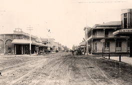 Anaheim. View of street with shops, 1890