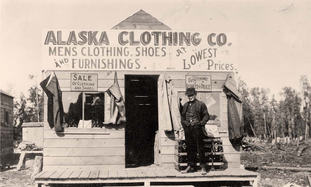 Anchorage. Man in front of Anchorage Clothing Store