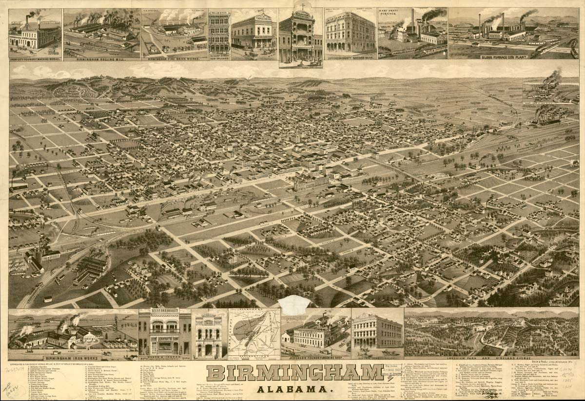 Birmingham, Alabama. Old map of the city, 1885