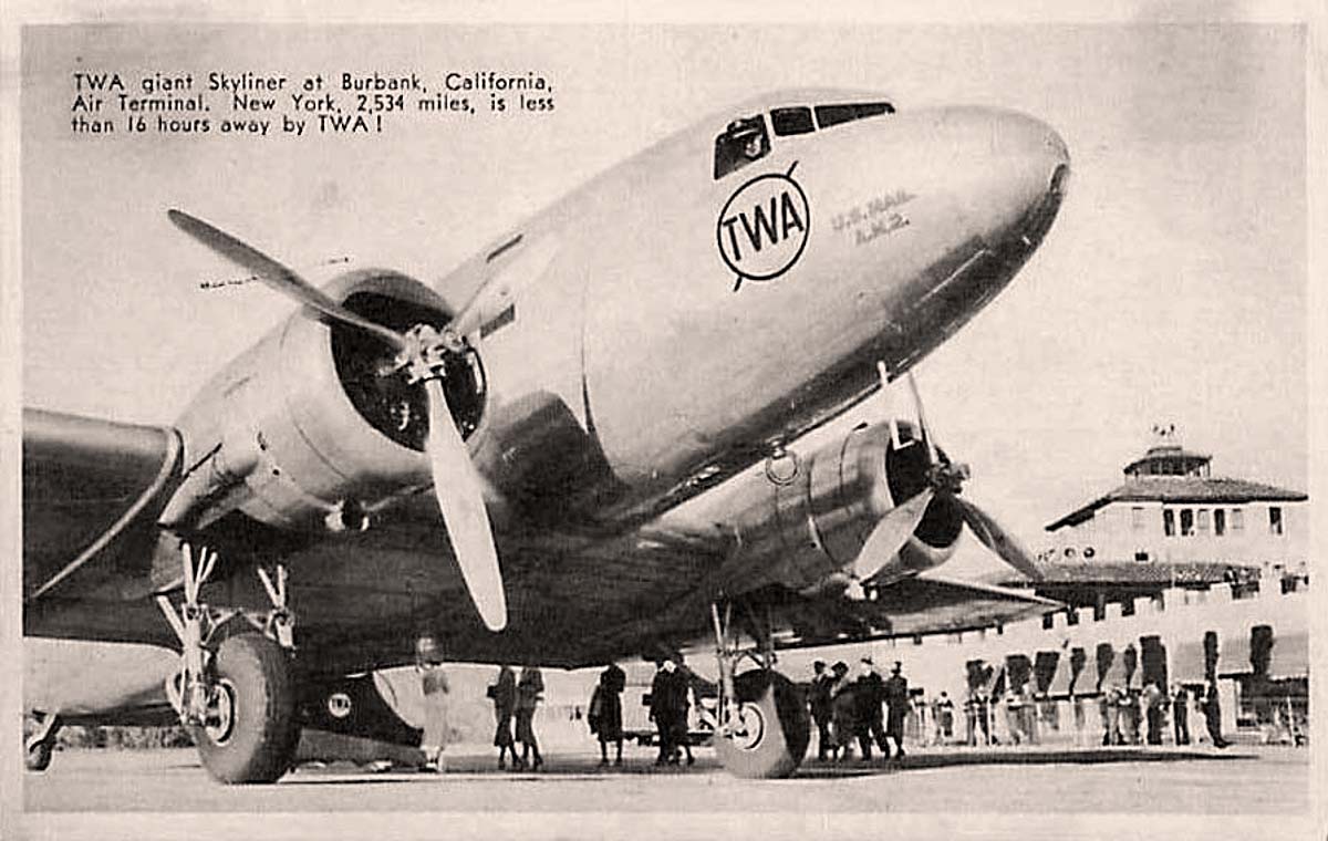 Burbank, California. Airplane of TWA on line Burbank - Los Angeles, 1930's