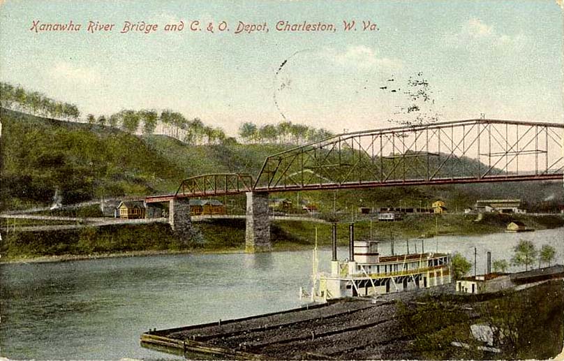Charleston. Kanawha River Bridge with Chesapeake and Ohio Depot