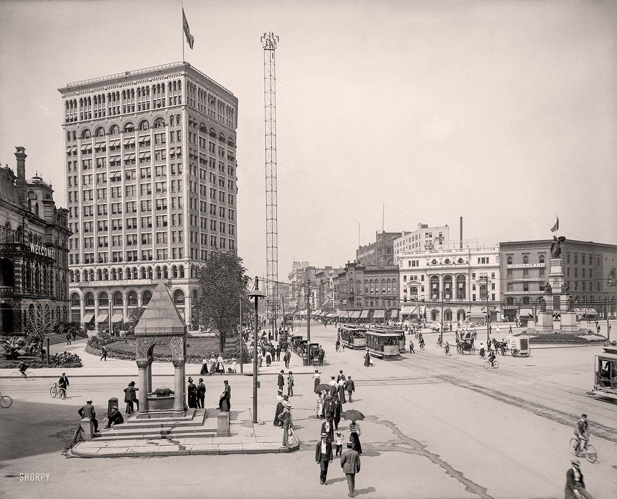 Detroit, Michigan. Woodward Avenue at the Campus Martius showing Bagley Fountain, 1901