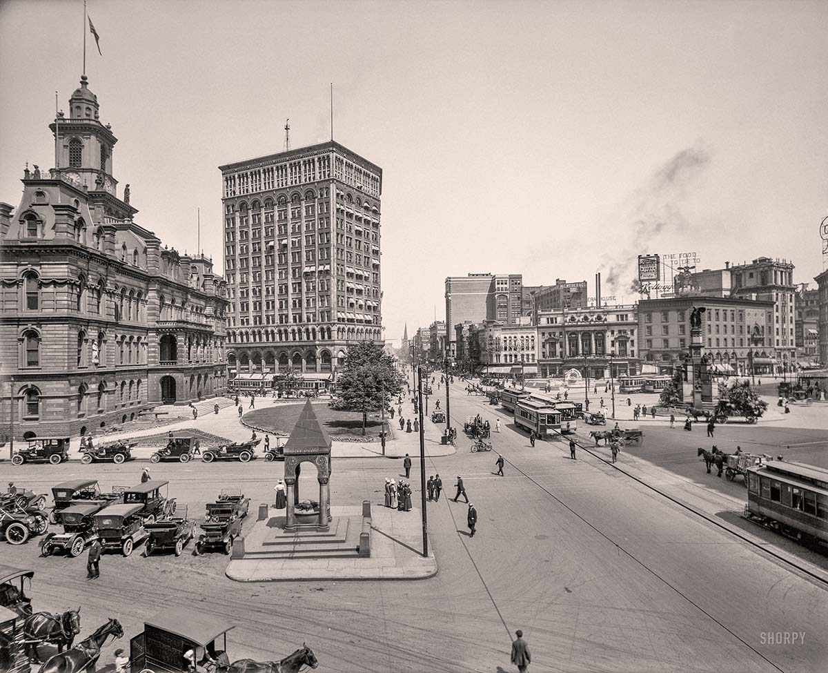 Detroit, Michigan. Woodward Avenue at Fort Street, Campus Martius, City Hall and Detroit Opera House, 1912