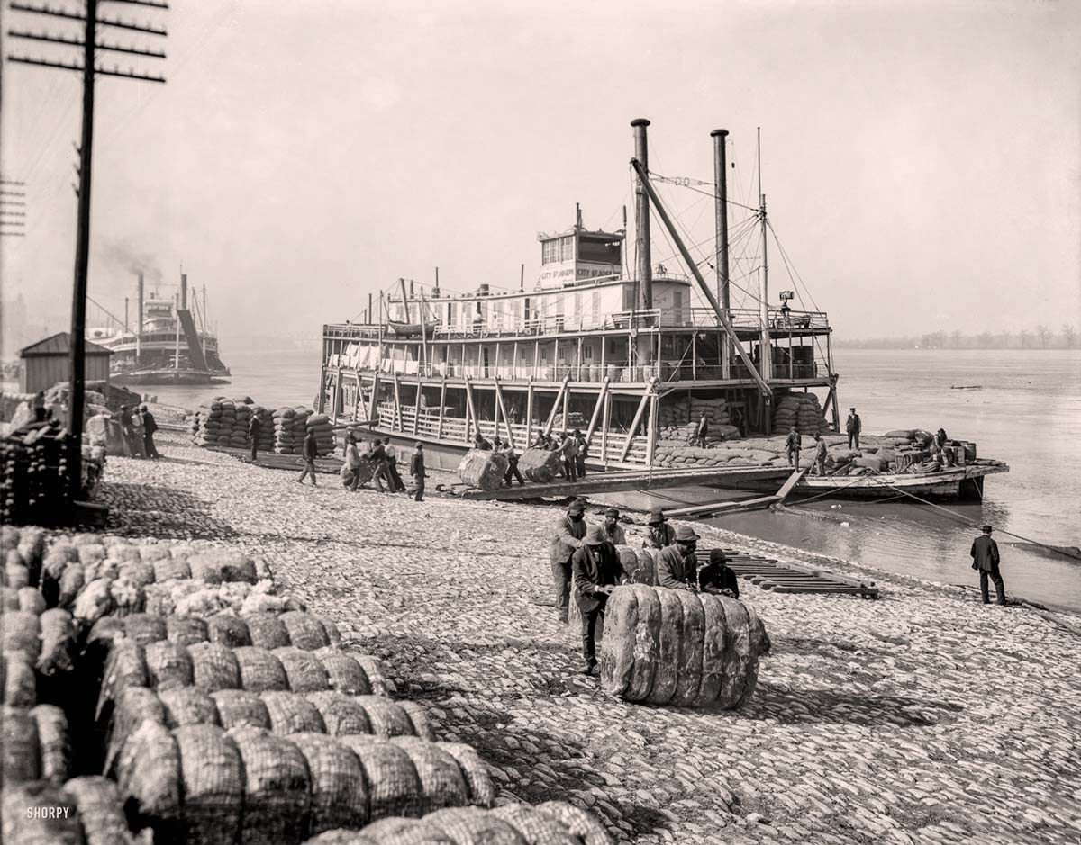 Memphis, Tennessee. Mississippi River, unloading cotton with ship 'City St Joseph', circa 1910