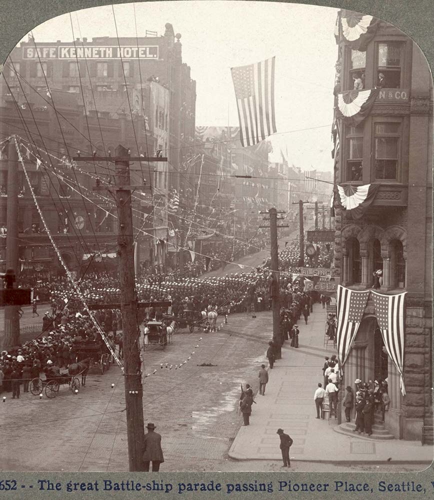 Seattle, Washington. Great Battle-ship parade passing Pioneer Place, 1908