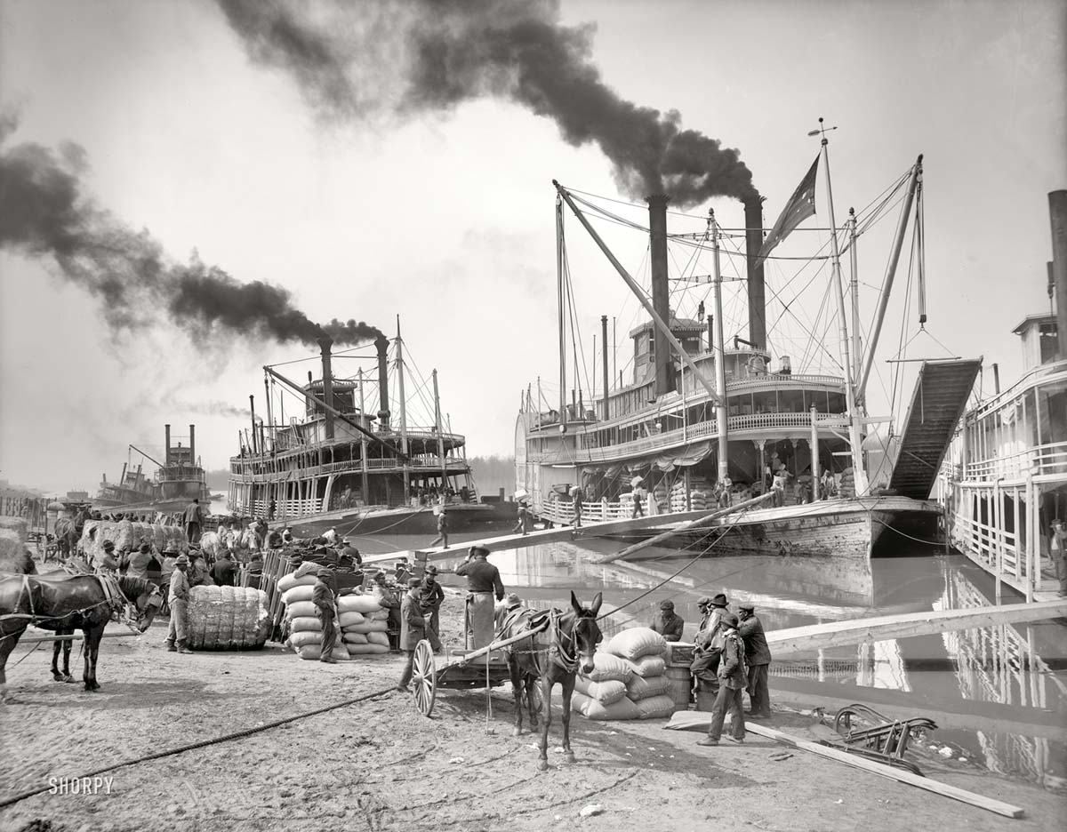 Vicksburg. Loading of steamboats on the Mississippi River, circa 1906