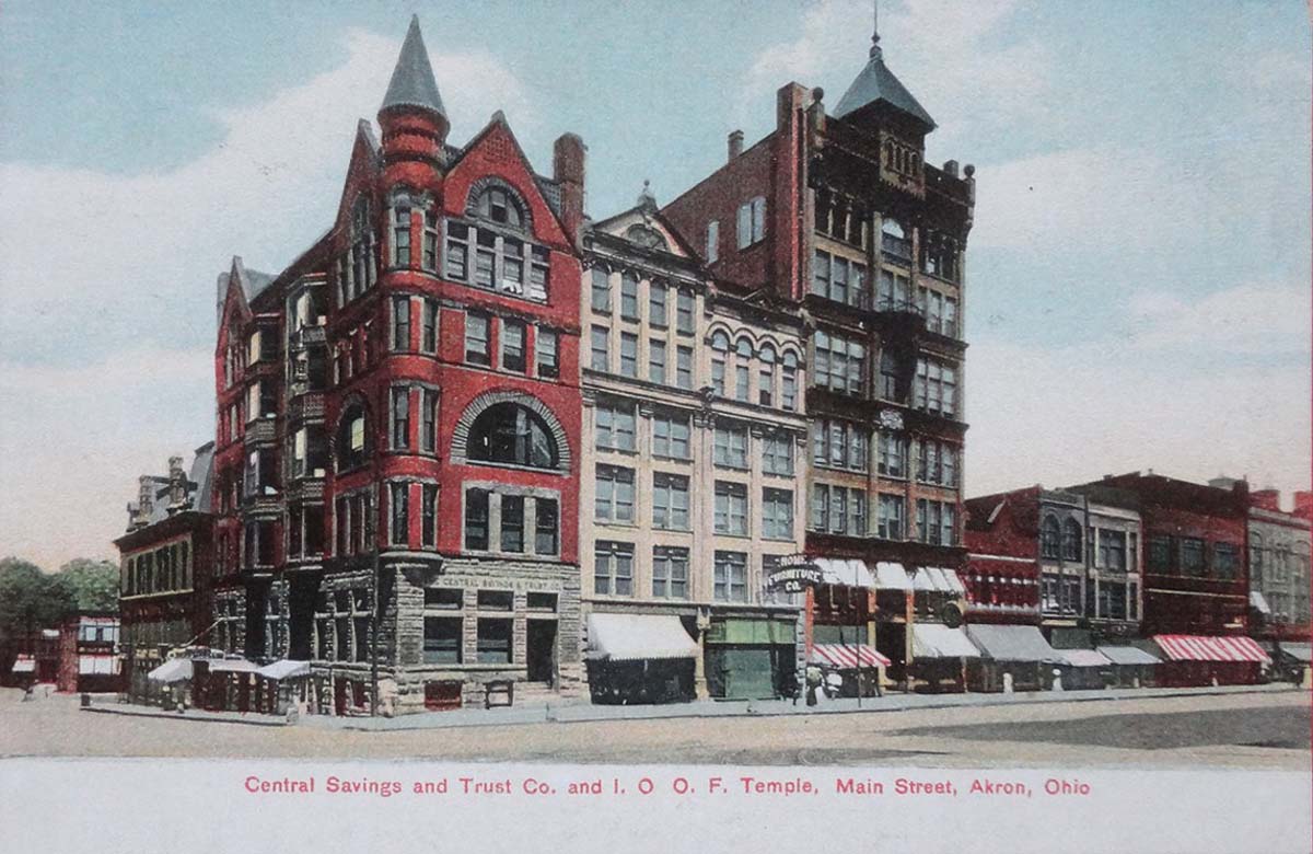 Akron, Ohio. Central Savings and Trust Co and I.O.O.F. Temple, Main street