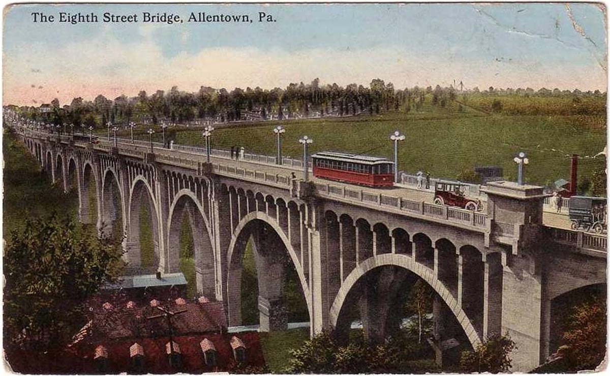 Allentown, Pennsylvania. Eighth Street Bridge with car and tram, 1919