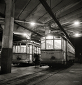 Baltimore. Trolleys inside the Park Terminal at night, April 1943