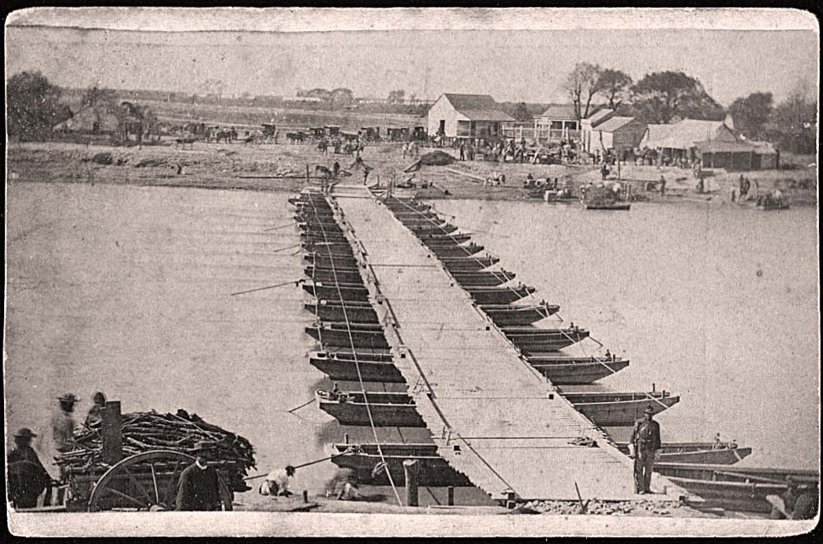 Brownsville, Texas. Mexican side, pontoon bridge over Rio Grande River, 1866