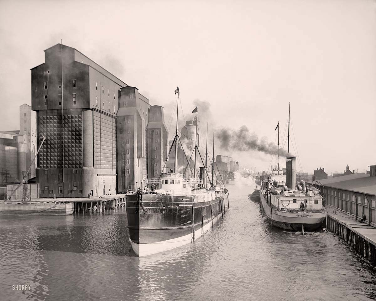 Buffalo, New York. Buffalo River, city ship canal and flour mill elevators circa 1911