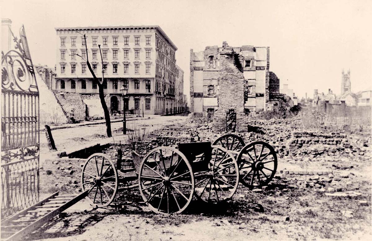 Charleston, South Carolina. Ruins of Mills House and nearby buildings, 1865