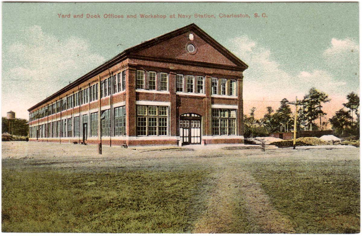Charleston, South Carolina. Yard, Dock Offices and Workshop at Navy Station, 1910s