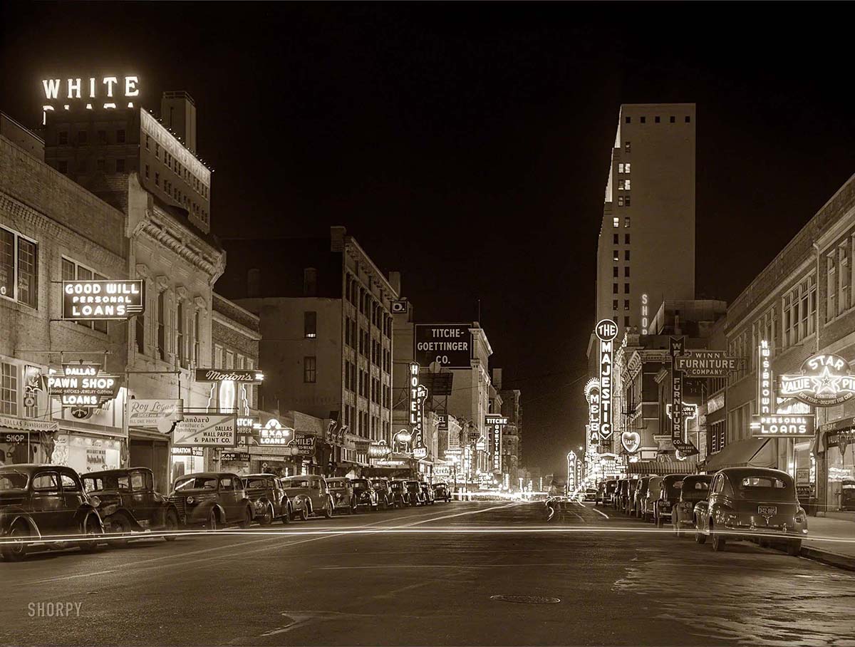 Dallas, Texas. Elm Street at night, 1942