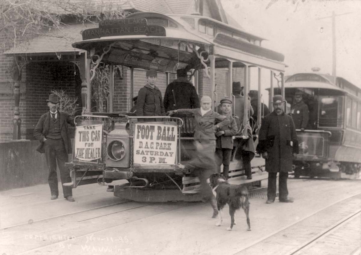 Denver, Colorado. Men and Boys standing near streetcars, 1895