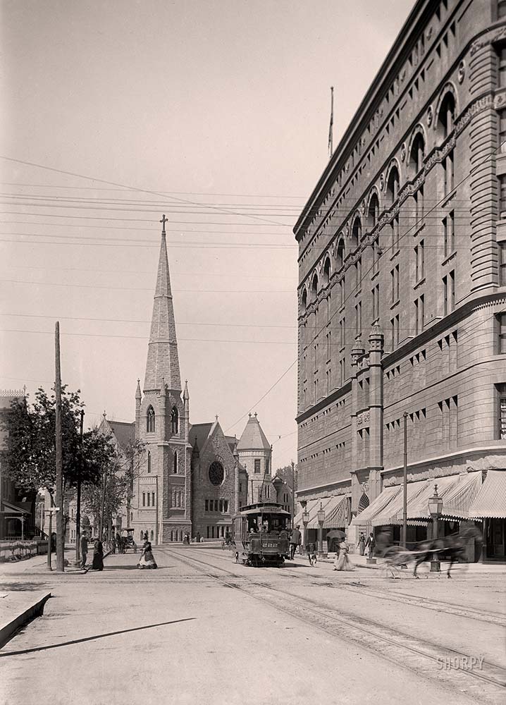 Denver, Colorado. Trinity Methodist Episcopal Church and Brown Palace Hotel from Tremont Place, circa 1900