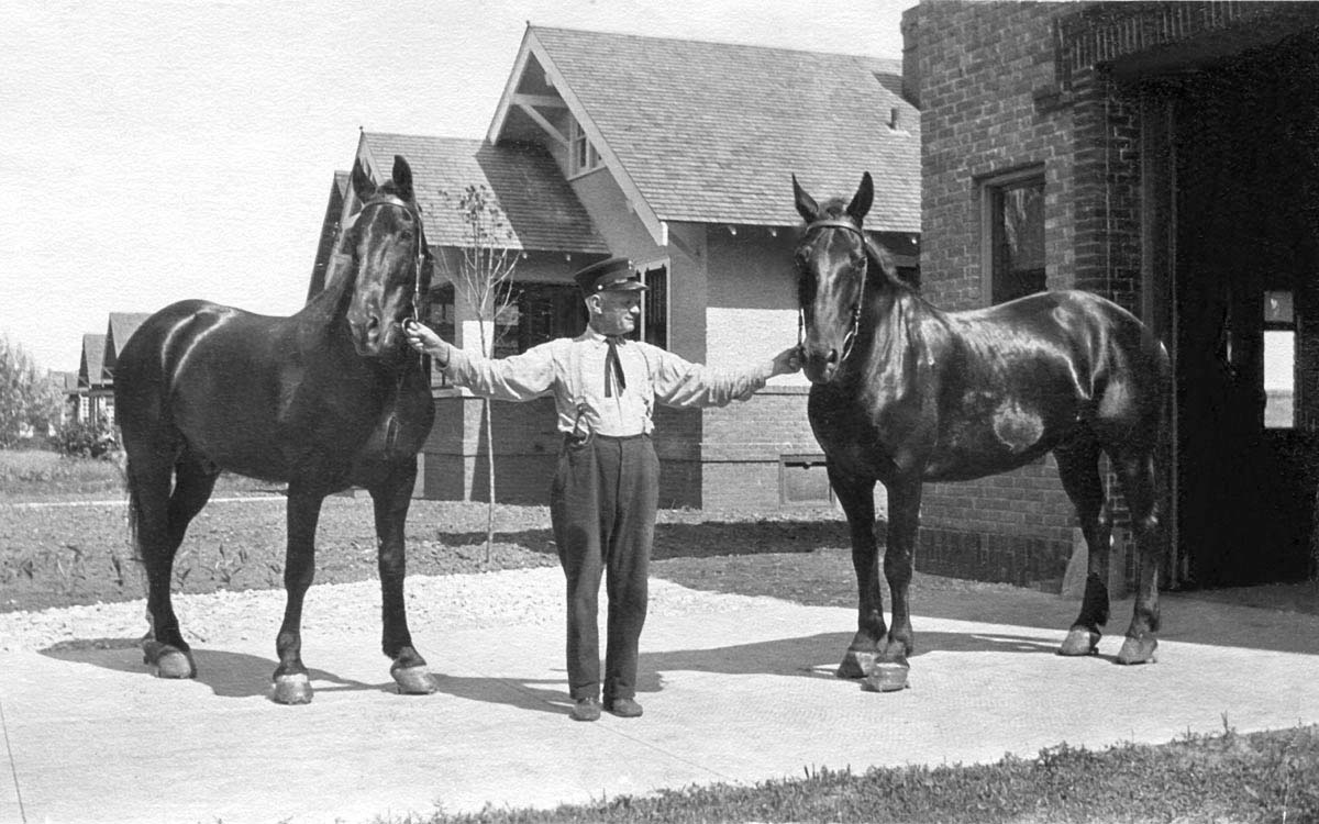 Des Moines. IA Samuel Wilcox (1855-1942) shown holding the fire horses in front of the fire department