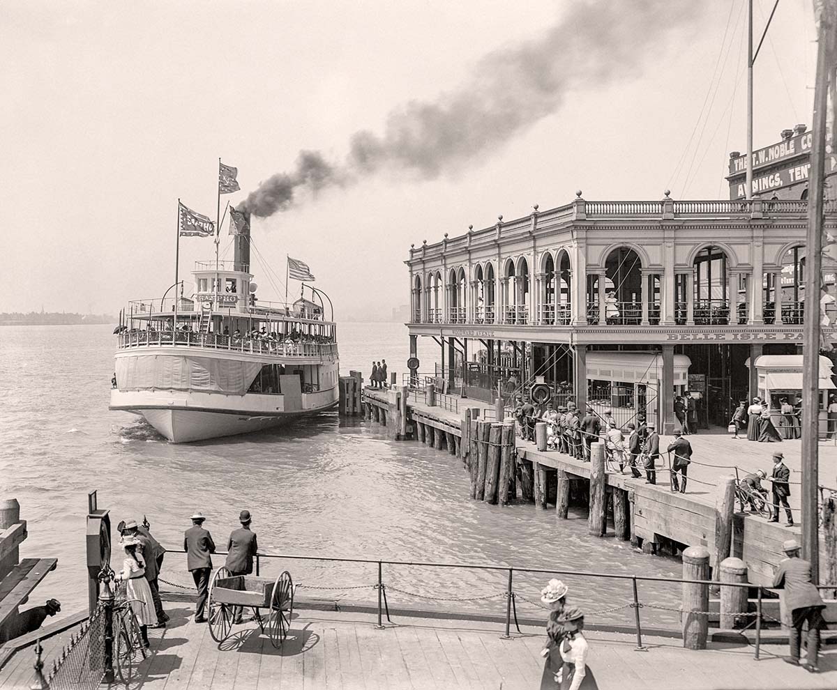 Detroit, Michigan. Belle Isle ferry dock, Woodward Avenue, Steamer Sappho, 1905