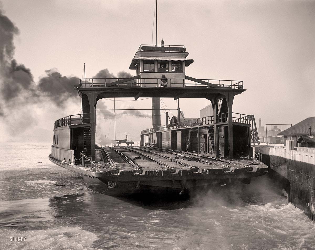 Detroit, Michigan. Car ferry Michigan Central entering slip on the Detroit River, circa 1900
