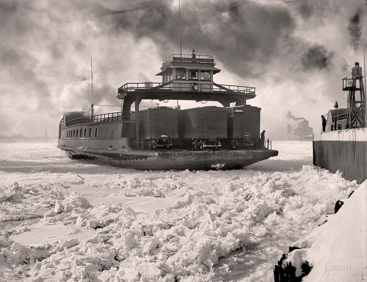 Detroit, Michigan. Car ferry Michigan Central entering slip on the Detroit River, circa 1900