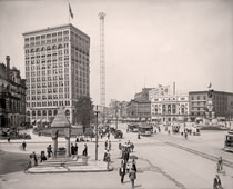 Detroit. Woodward Avenue at the Campus Martius showing Bagley Fountain, 1901