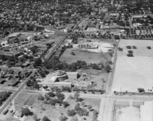 Fort Worth. Air view to Children's Museum and construction work the Art Museum, 1953