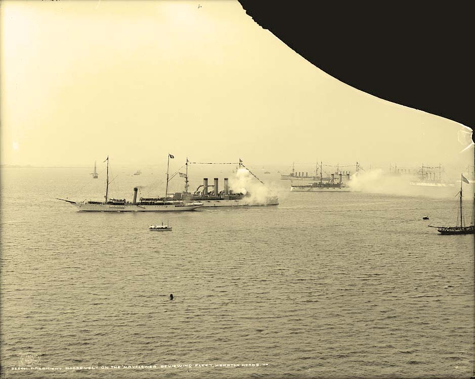 Hampton. President Roosevelt on the Mayflower reviewing fleet, Hampton Roads