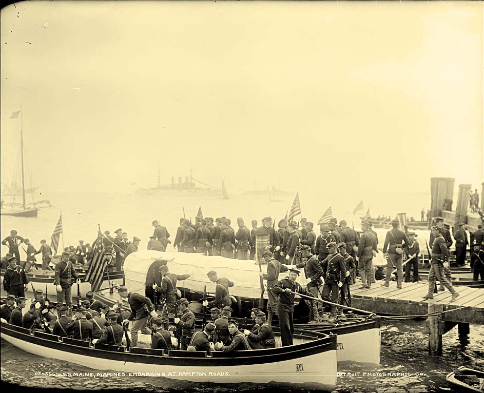 Hampton. U.S.S. Maine, Marines embarking at Hampton Roads, 1898
