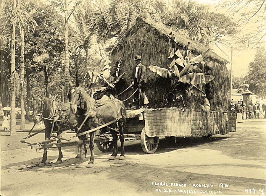 Honolulu. An old Hawaiian dwelling - float in Floral Parade, 1910