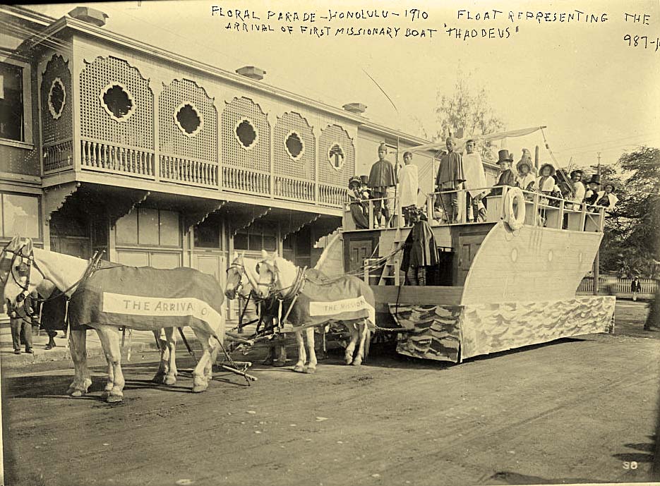 Honolulu. Float representing arrival of first missionary boat 'Thaddeus', Floral Parade, 1910