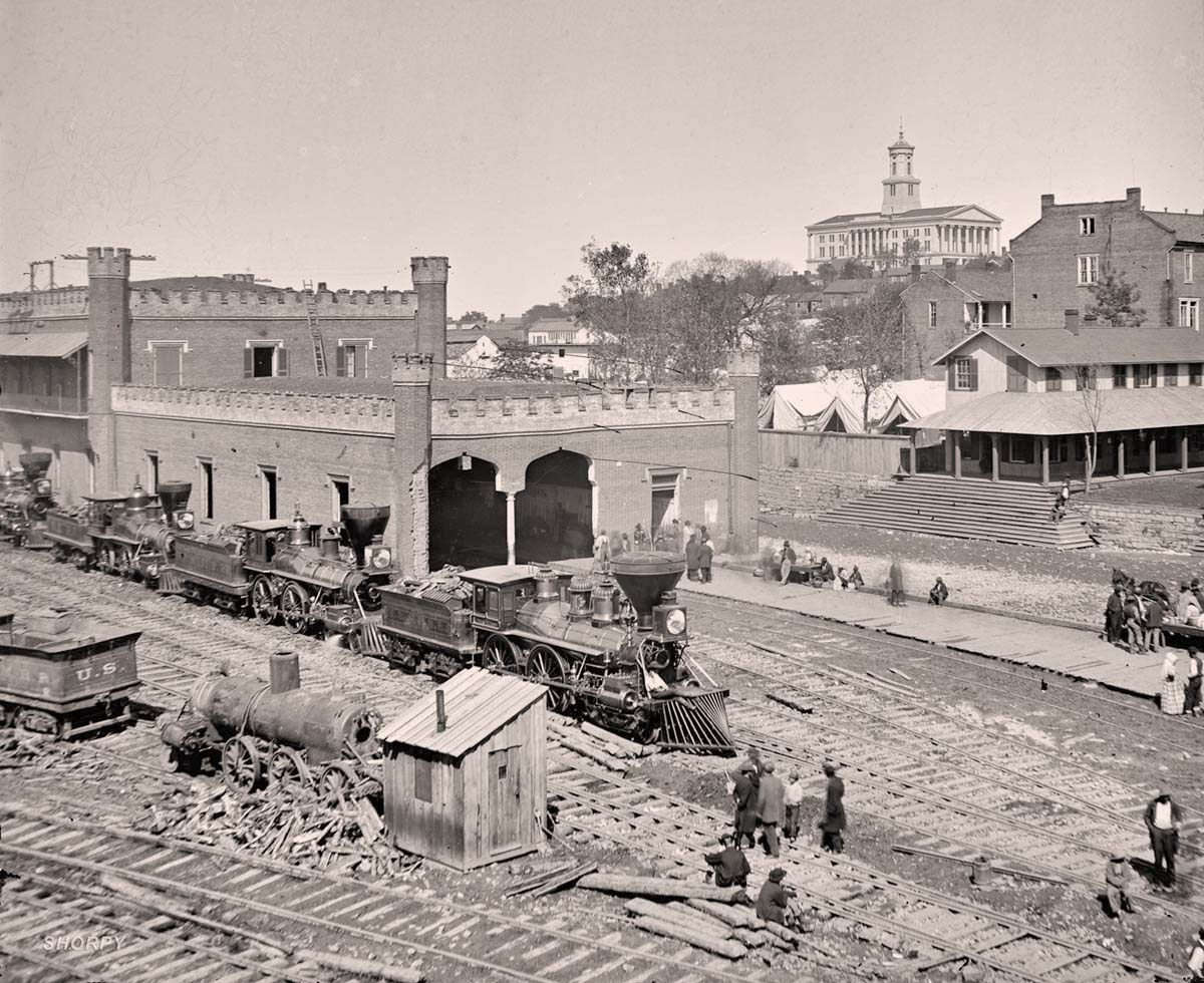 Nashville, Tennessee. Rail yard and depot with locomotives, 1864