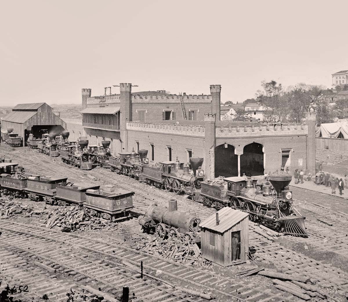Nashville, Tennessee. Rail yard and depot with locomotives, 1864