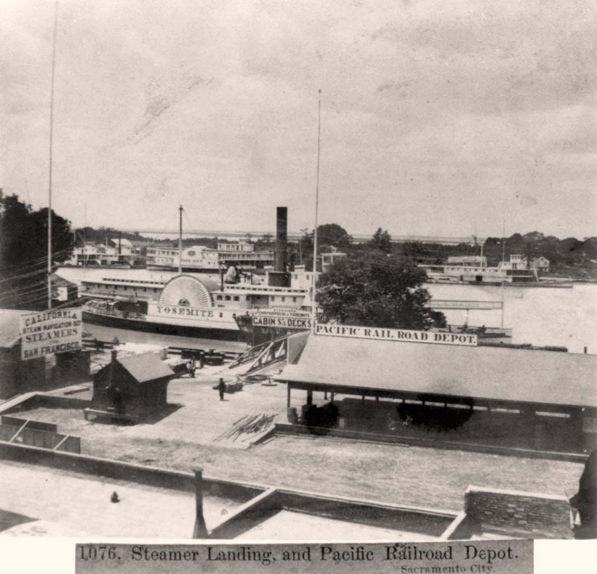 Sacramento, California. Steamer landing, and Pacific Railroad Depot, 1866
