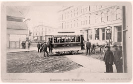 Seattle. First street car turning from Occidental Avenue to Yesler Way, 1884