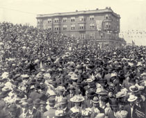 Seattle. Large crowd on 2nd Avenue and Virginia Street, 1908