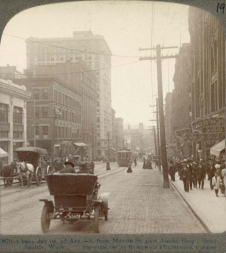 Seattle, Washington. Second Avenue, from Marion Street past Alaska Building (left), 1907