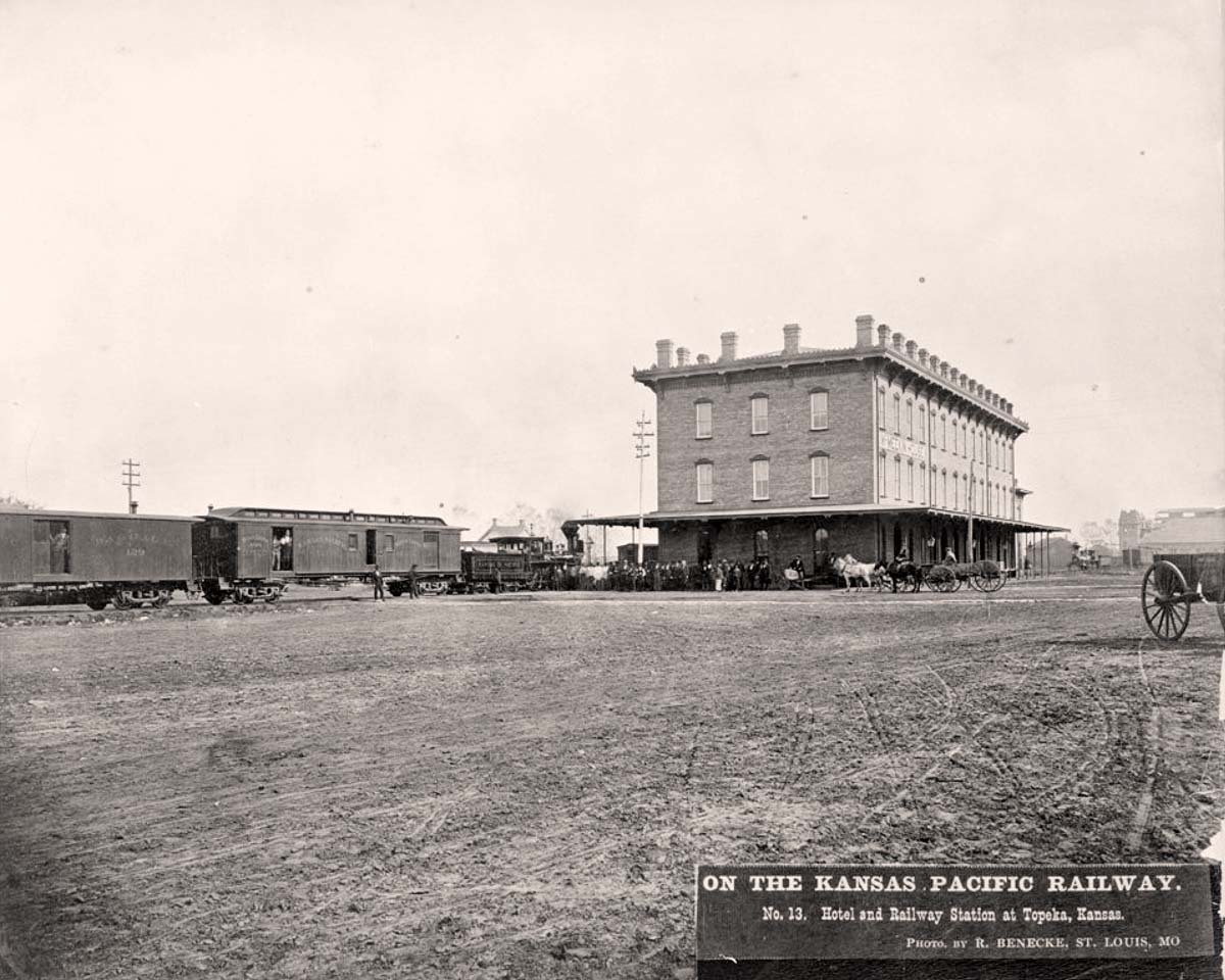 Topeka, Kansas. Kansas Pacific Railroad depot and hotel, circa 1875